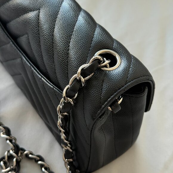 Chanel Black Caviar Chevron Quilted Rectangular Mini Flap Bag Silver - Picture 9 of 16